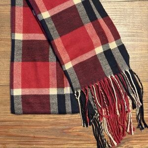 Cashmere Great Britain Union Jack Plaid Scarf Fringe Red Black White
